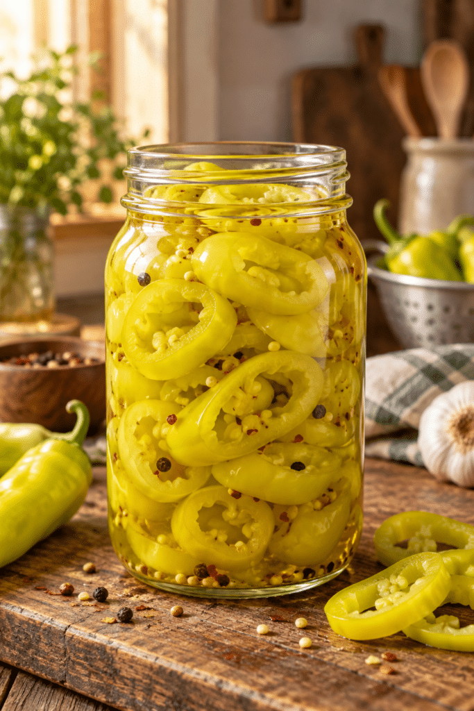 Pickled banana peppers in a glass jar