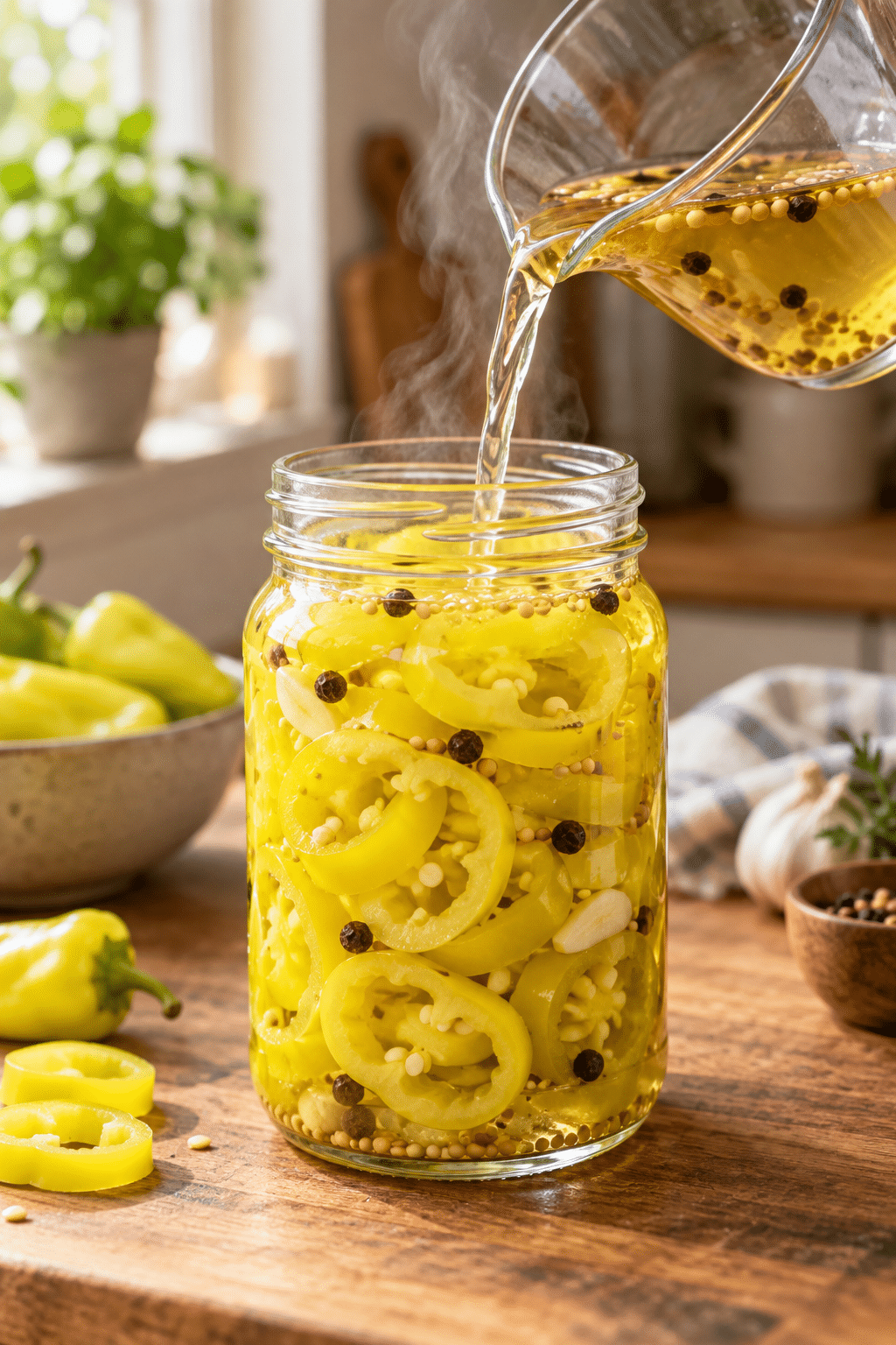 Pouring hot brine over pickled banana peppers