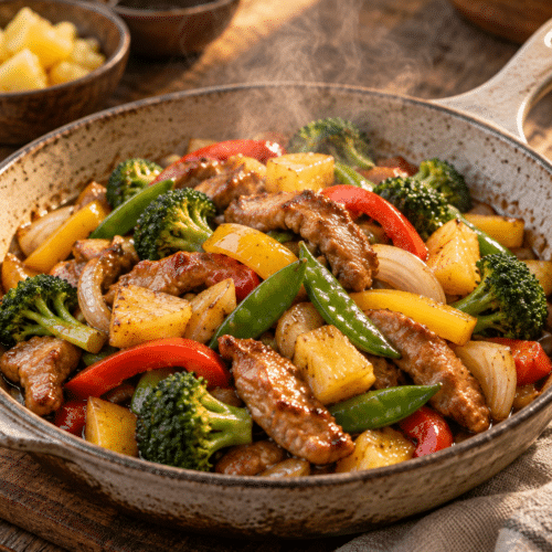 Pork stir fry with pineapple and crisp vegetables
