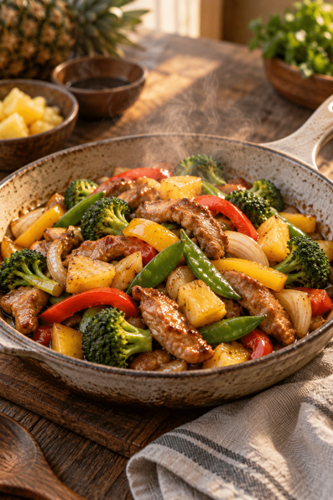 Pork stir fry with pineapple and crisp vegetables