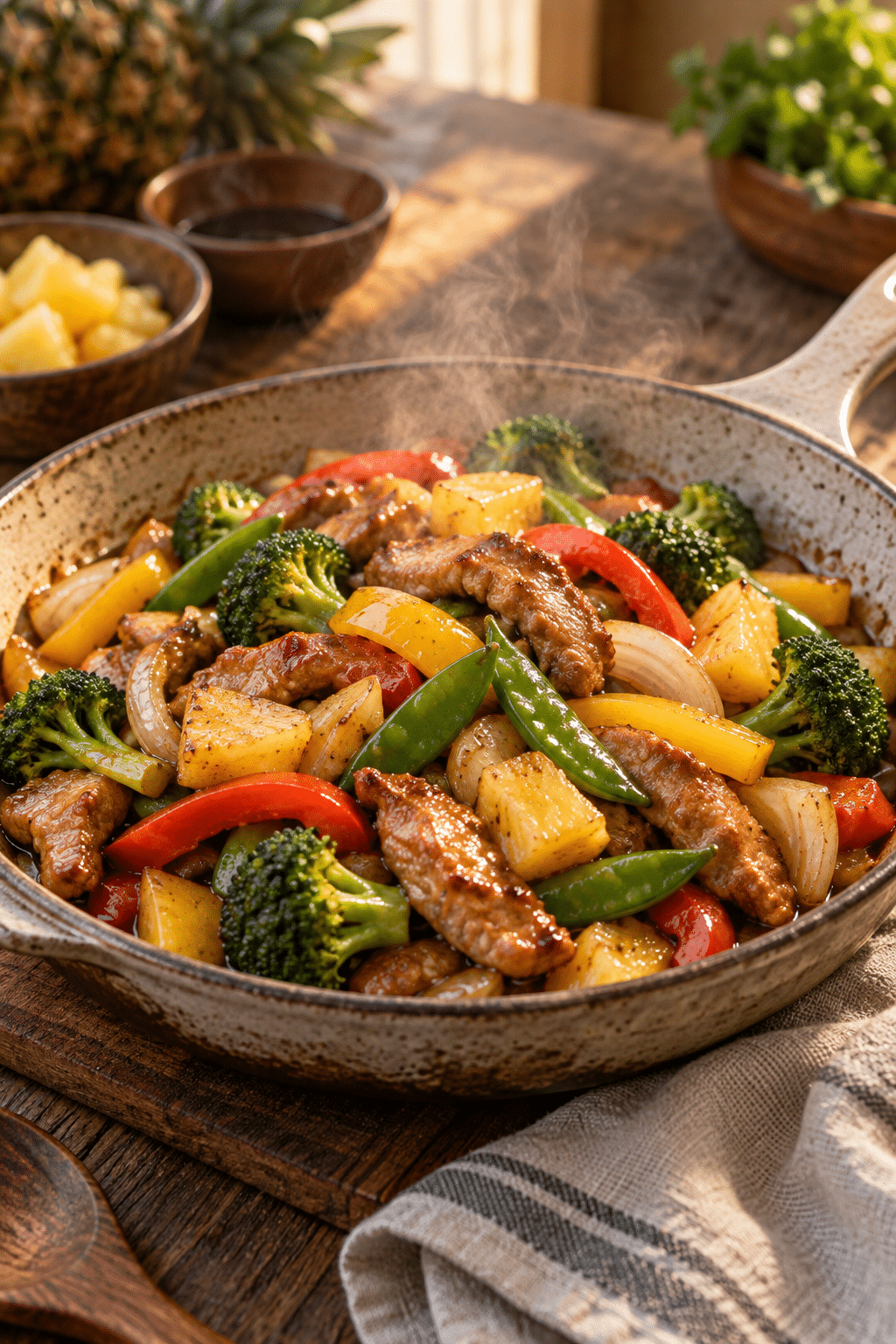 Pork stir fry with pineapple and crisp vegetables