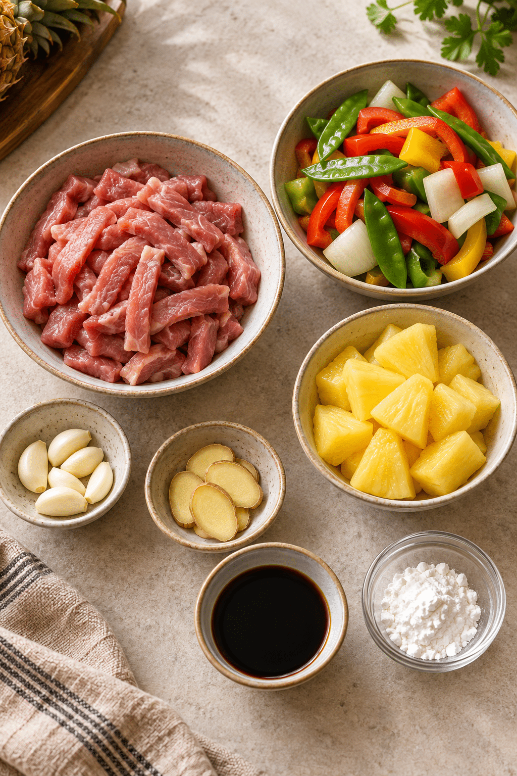 Ingredients for pork stir fry arranged on a counter