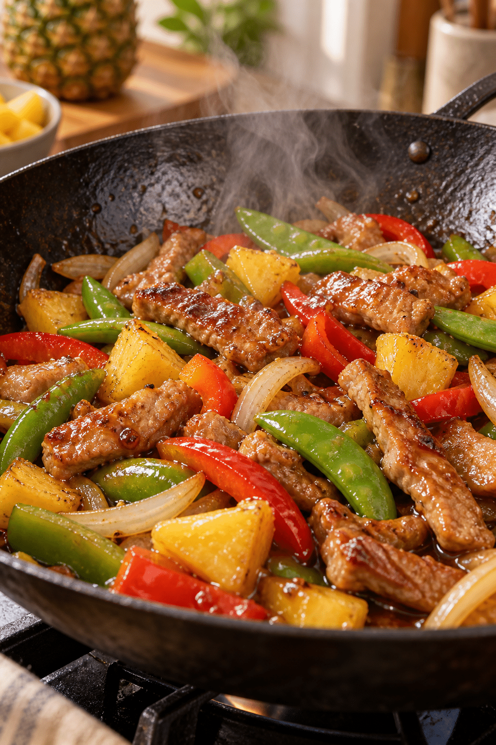 Pork stir fry simmering with vegetables and pineapple in a skillet