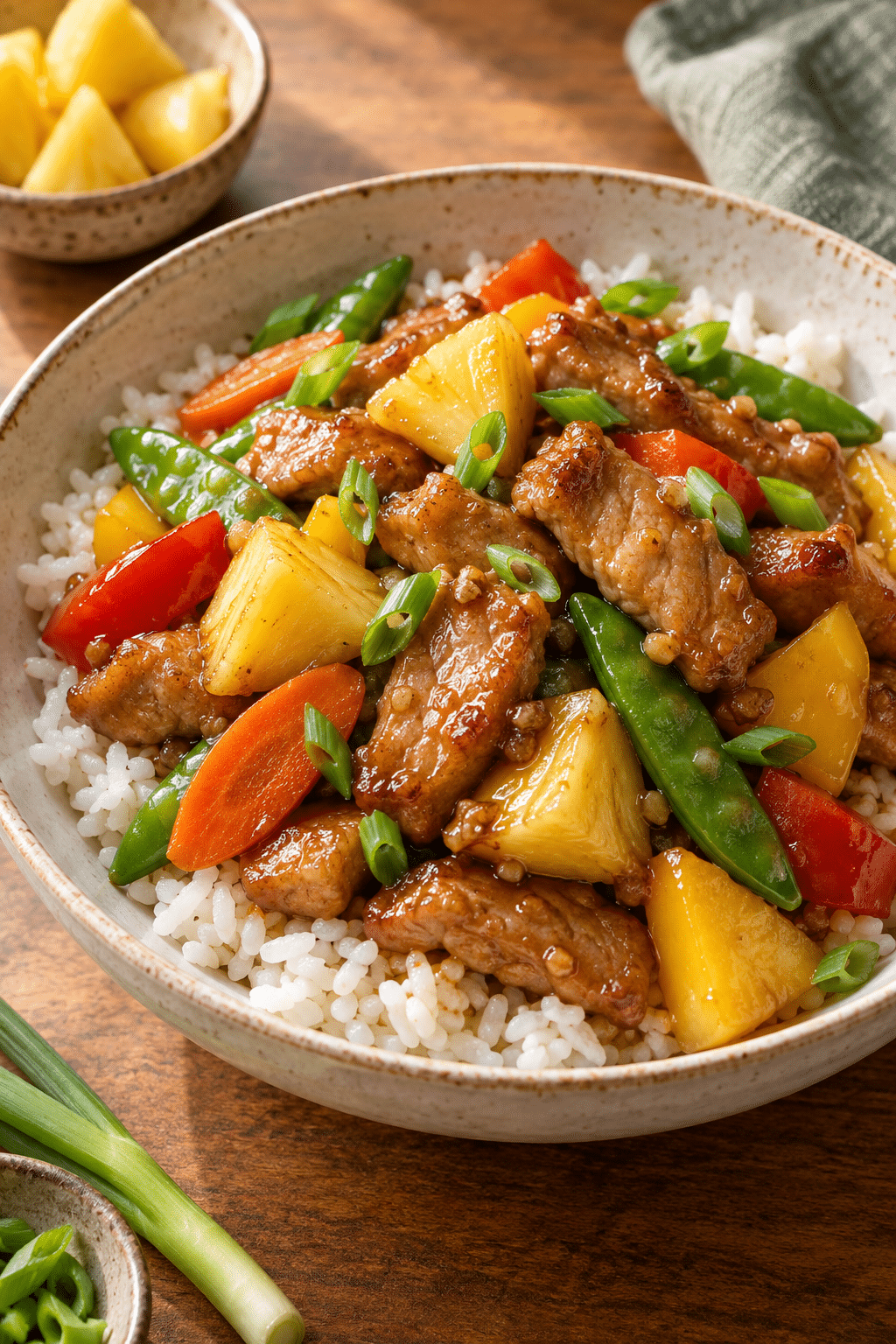Pork stir fry served warm over rice