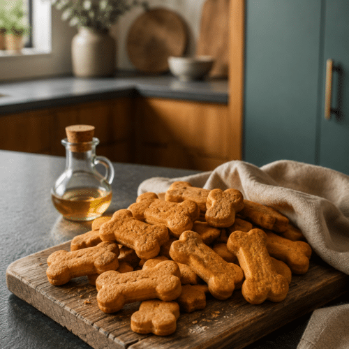 Pumpkin oat dog cookies arranged on a wooden board