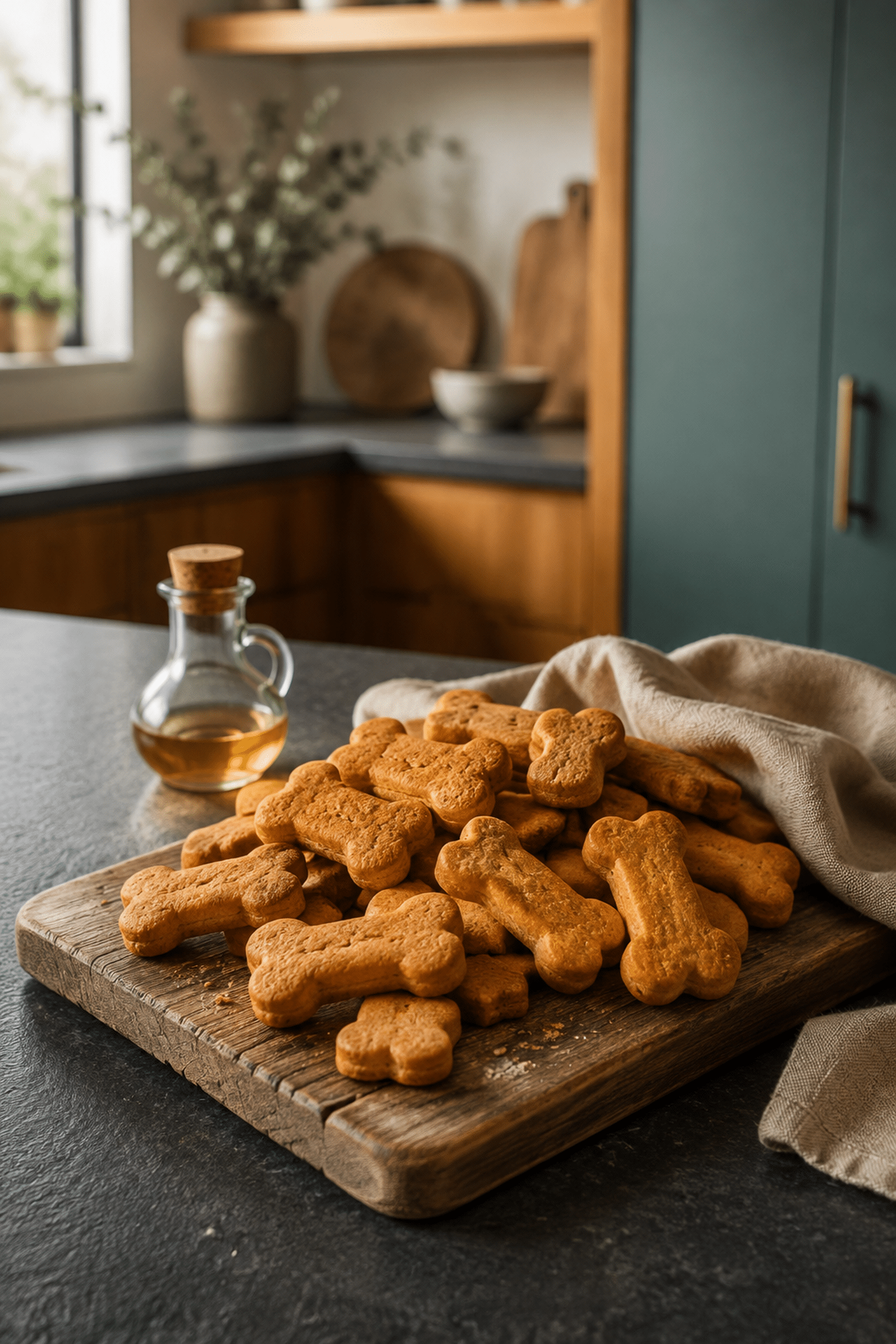 Pumpkin oat dog cookies arranged on a wooden board