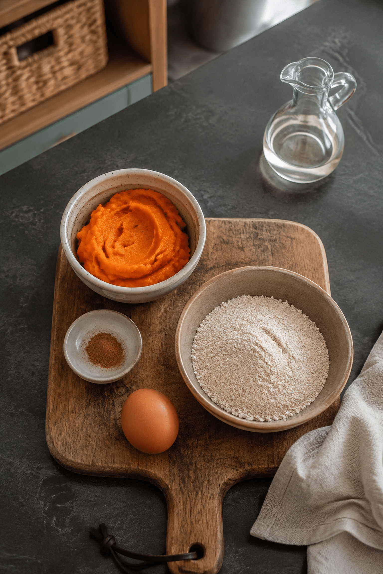 Ingredients for pumpkin oat dog cookies on a wooden board