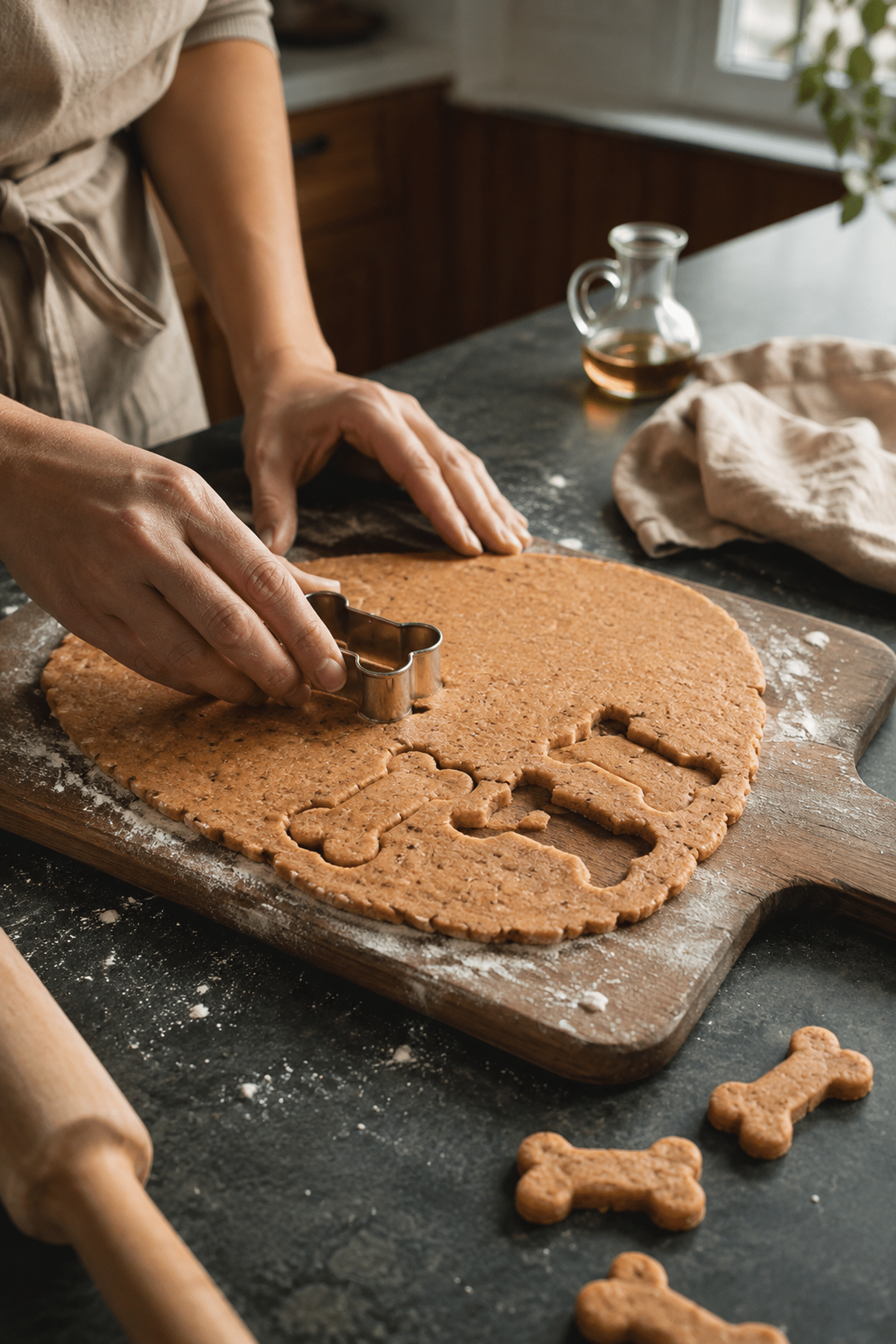 Pumpkin oat dog cookie dough being cut into bone shapes