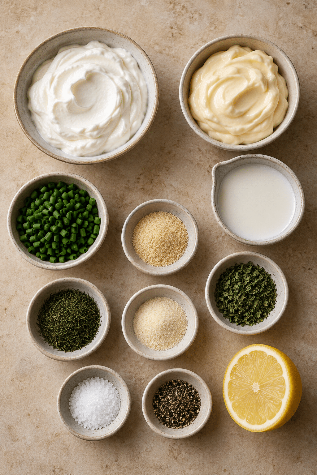 ranch dressing recipe ingredients measured and arranged