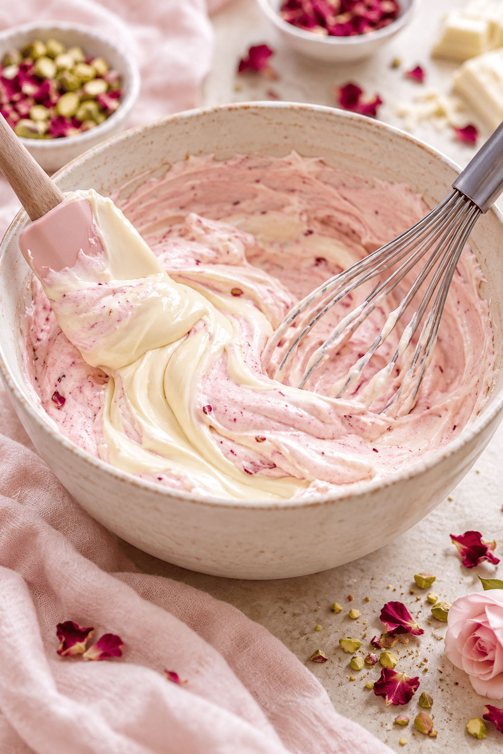 Whipping and folding rose milk mousse