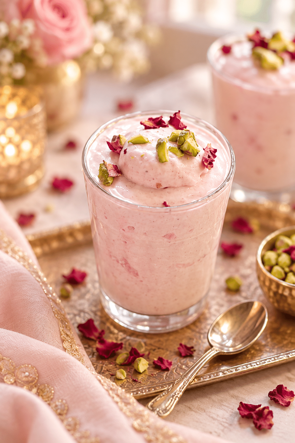 Set rose milk mousse topped with pistachios and rose petals