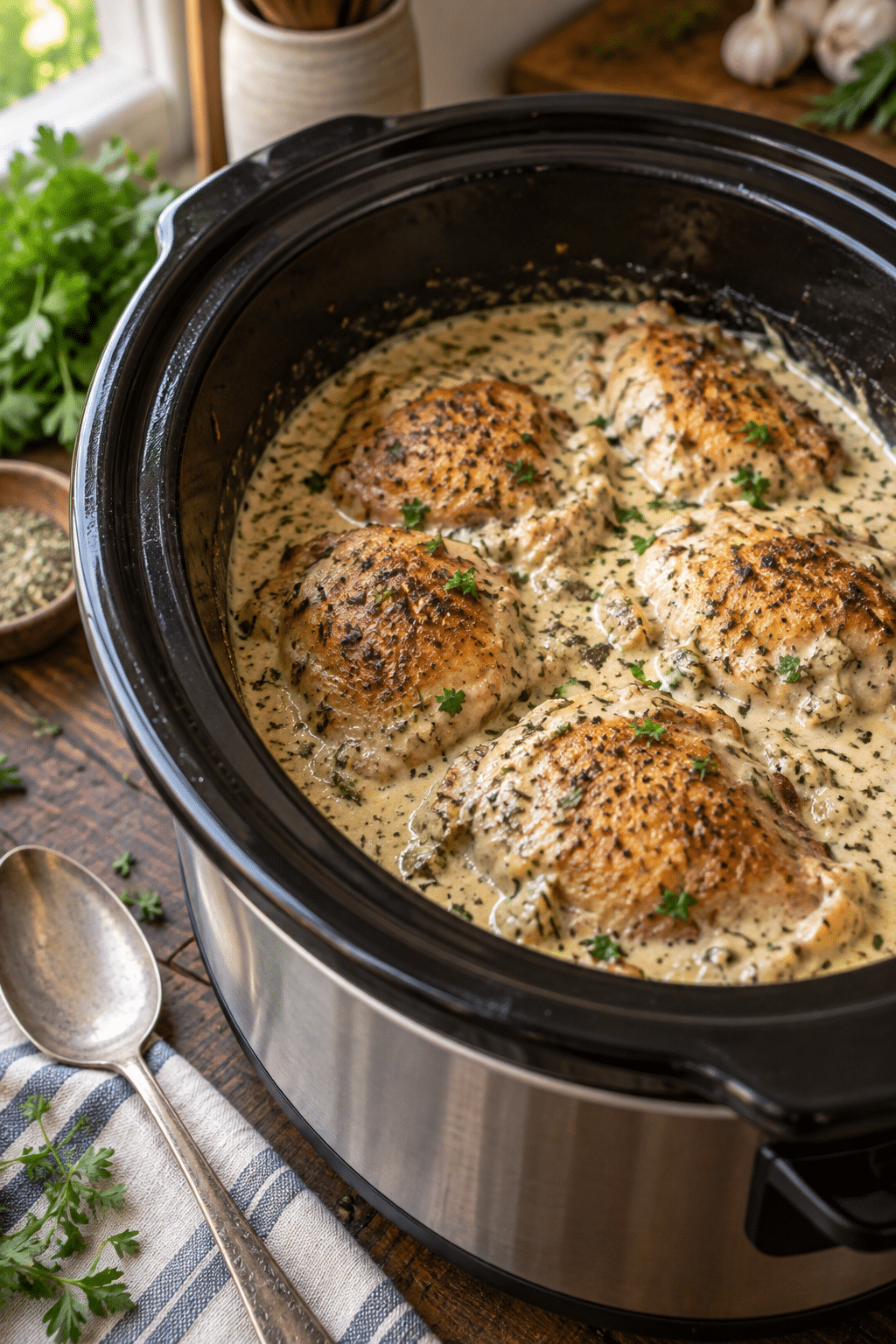 slow cooker creamy ranch chicken cooking in the crockpot