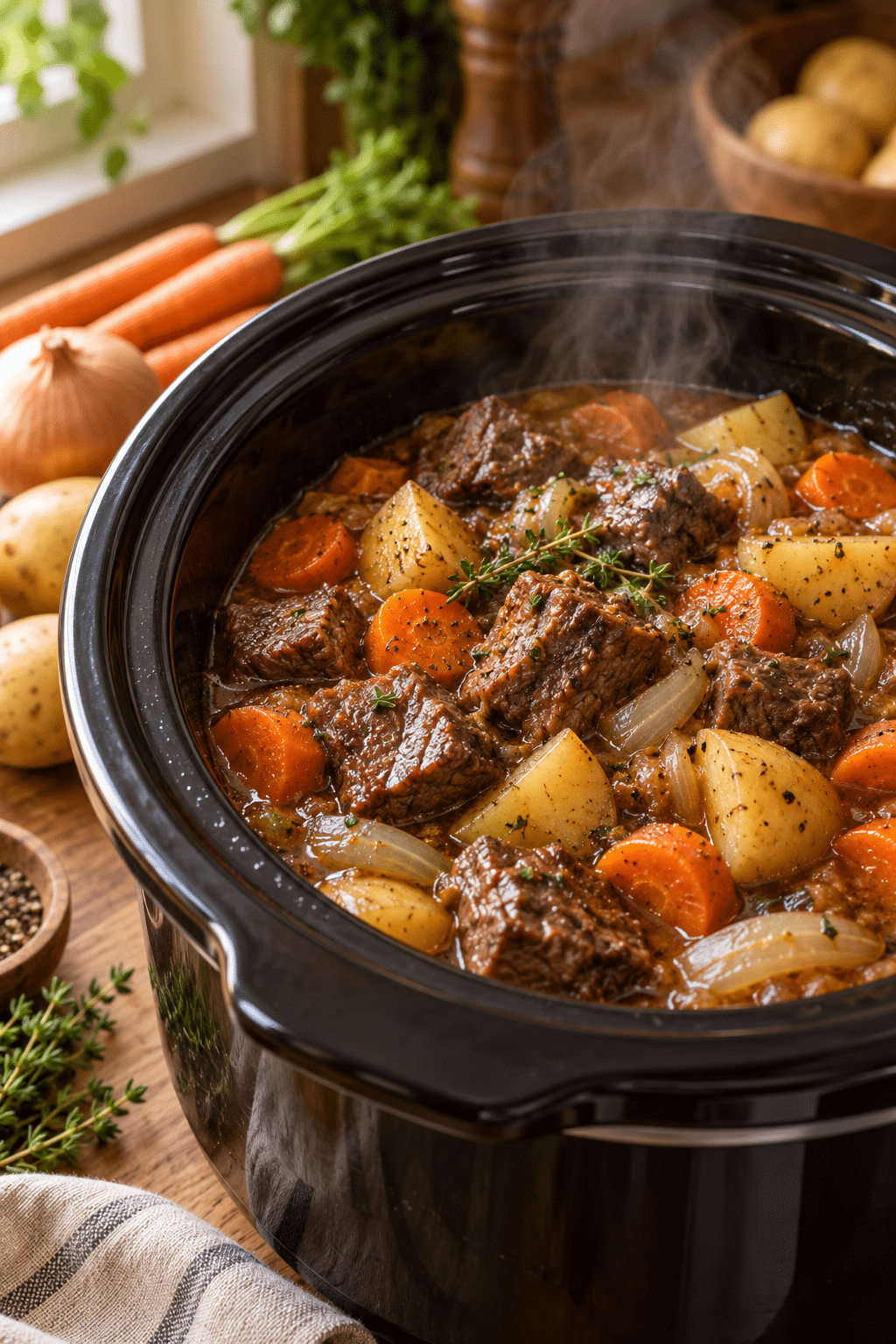 Ingredients for slow cooker dump meals arranged beside a crockpot