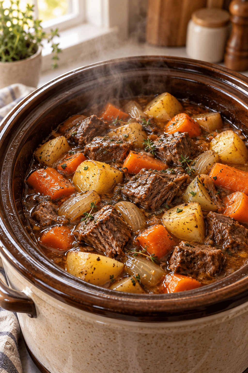 Slow cooker dump meals simmering with tender beef and vegetables