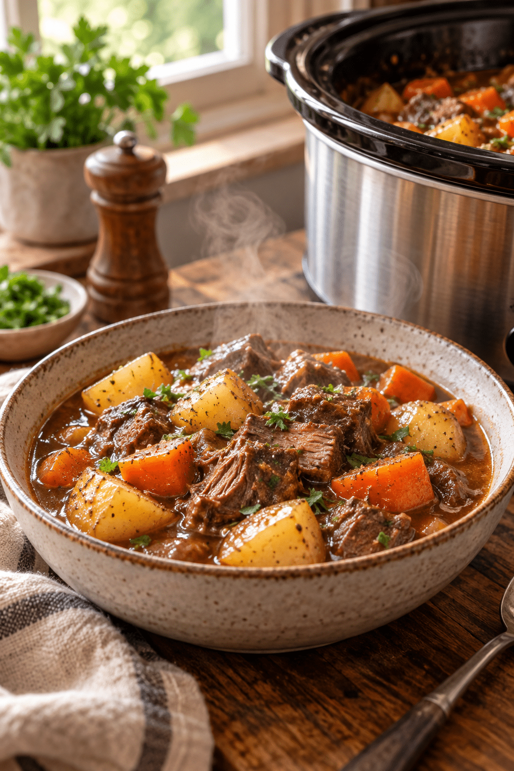 Bowl of slow cooker dump meals with rich gravy