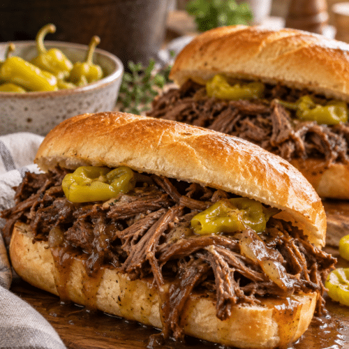 Mississippi pot roast sandwiches finished with pepperoncini