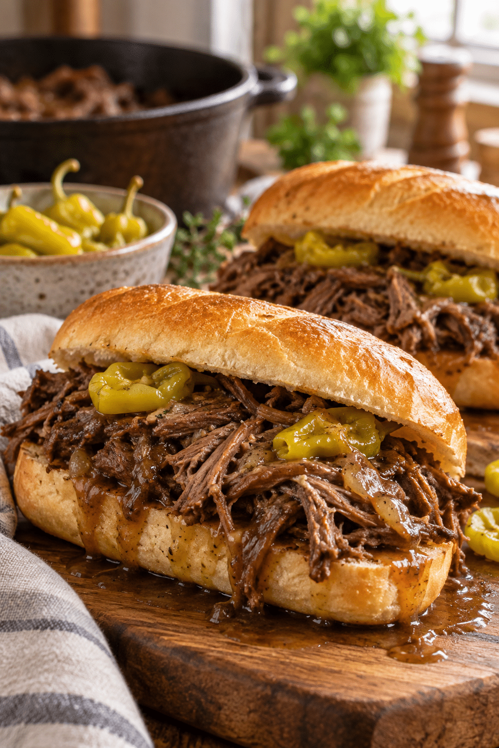 Mississippi pot roast sandwiches finished with pepperoncini