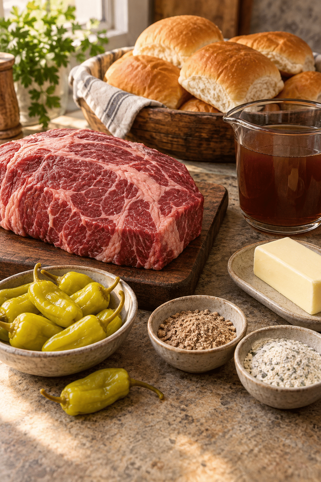Mississippi pot roast sandwiches ingredients arranged for preparation