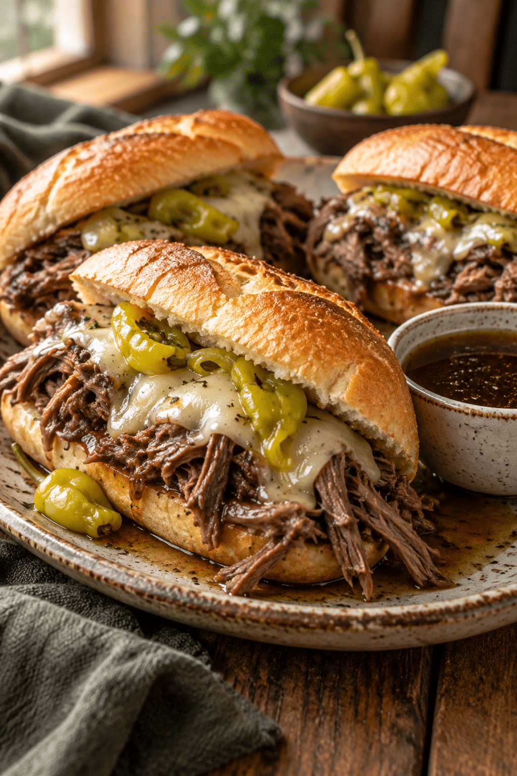 finished Mississippi pot roast sandwiches served on a plate