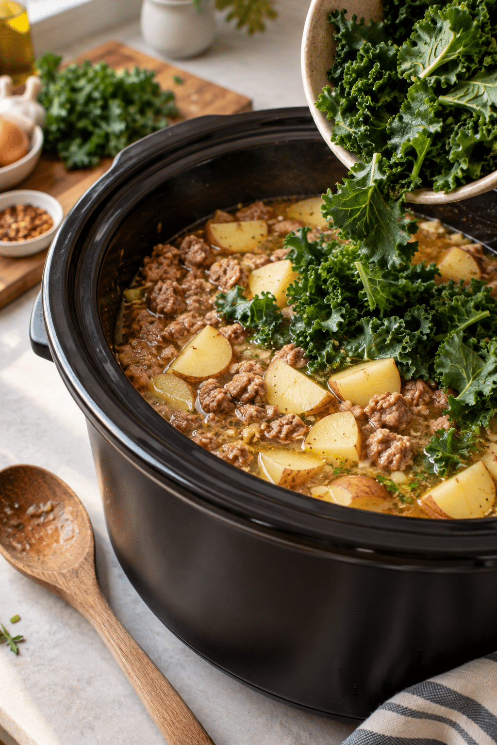 slow cooker zuppa toscana process with potatoes and sausage