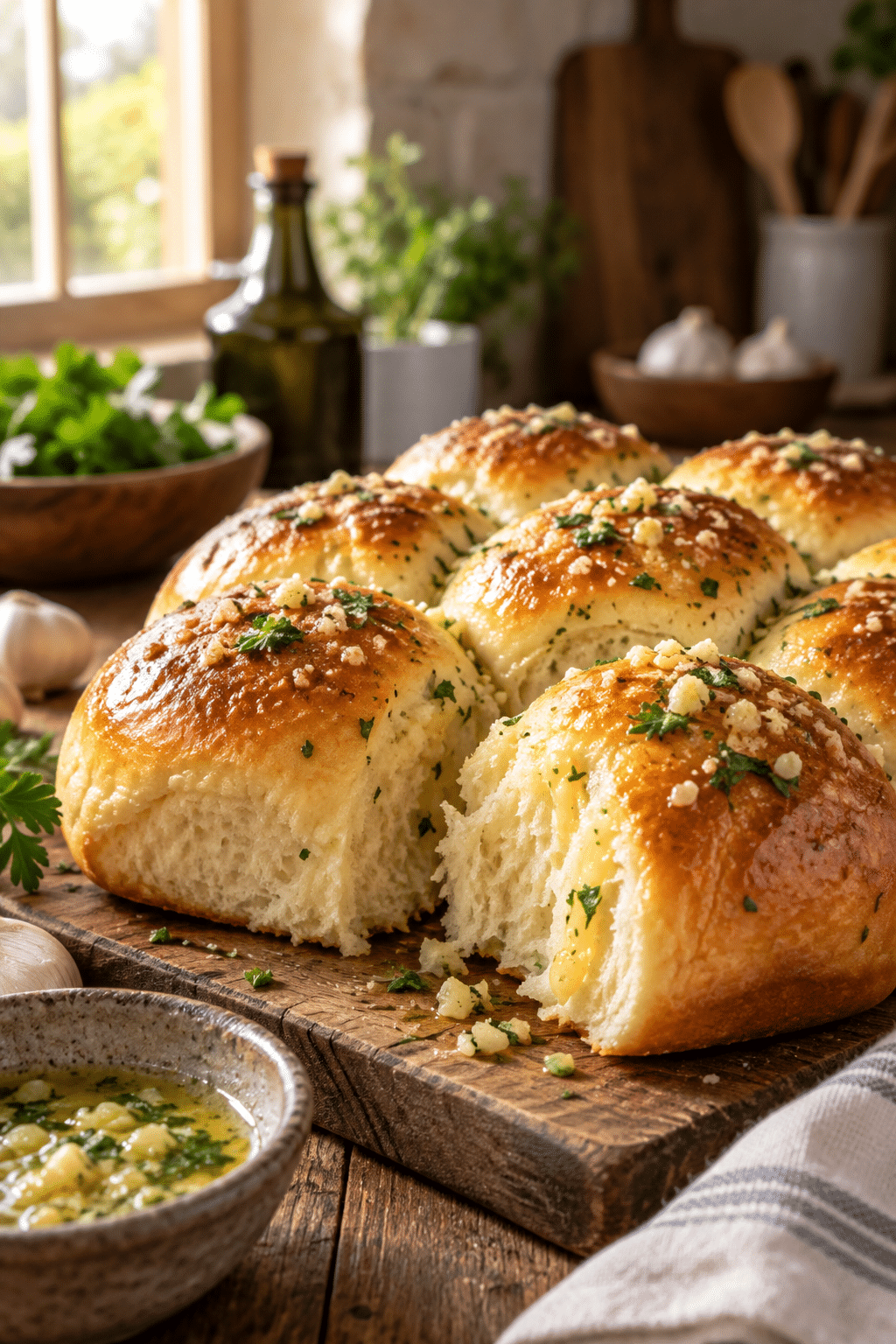 garlic bread rolls brushed with parsley butter