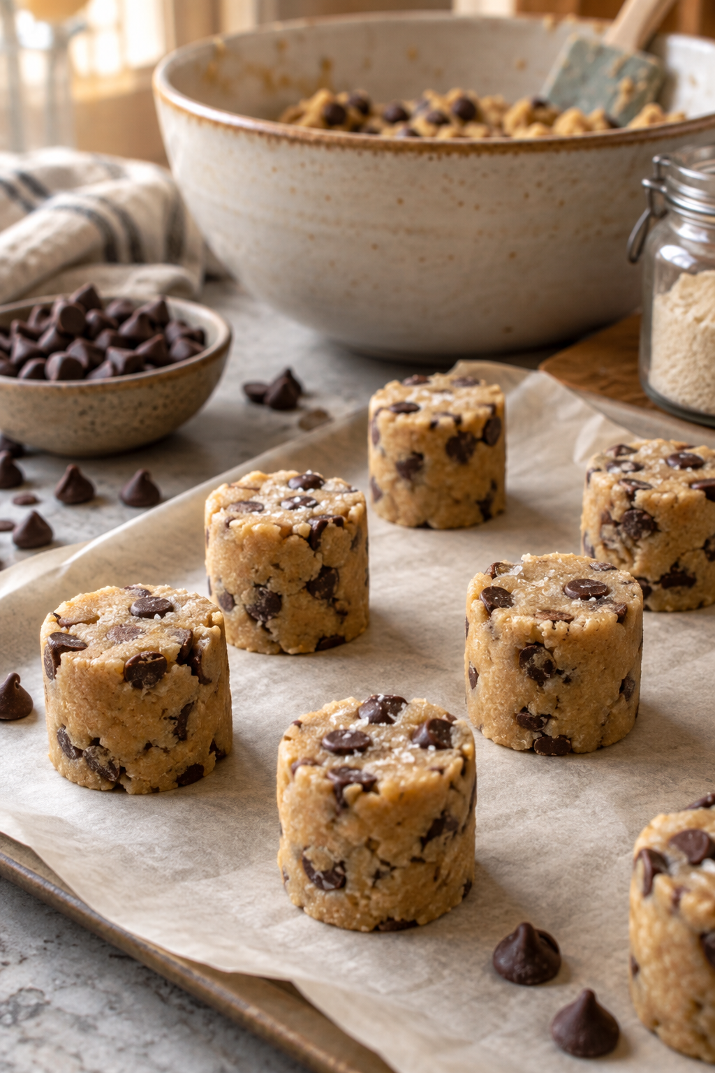 Shaping gluten-free chocolate chip cookie dough