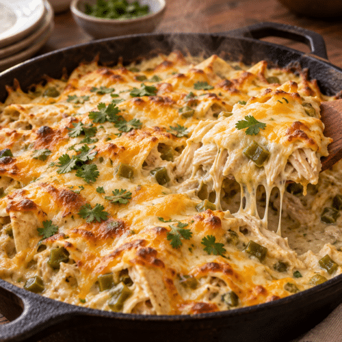 sour cream chicken enchilada skillet in a pan