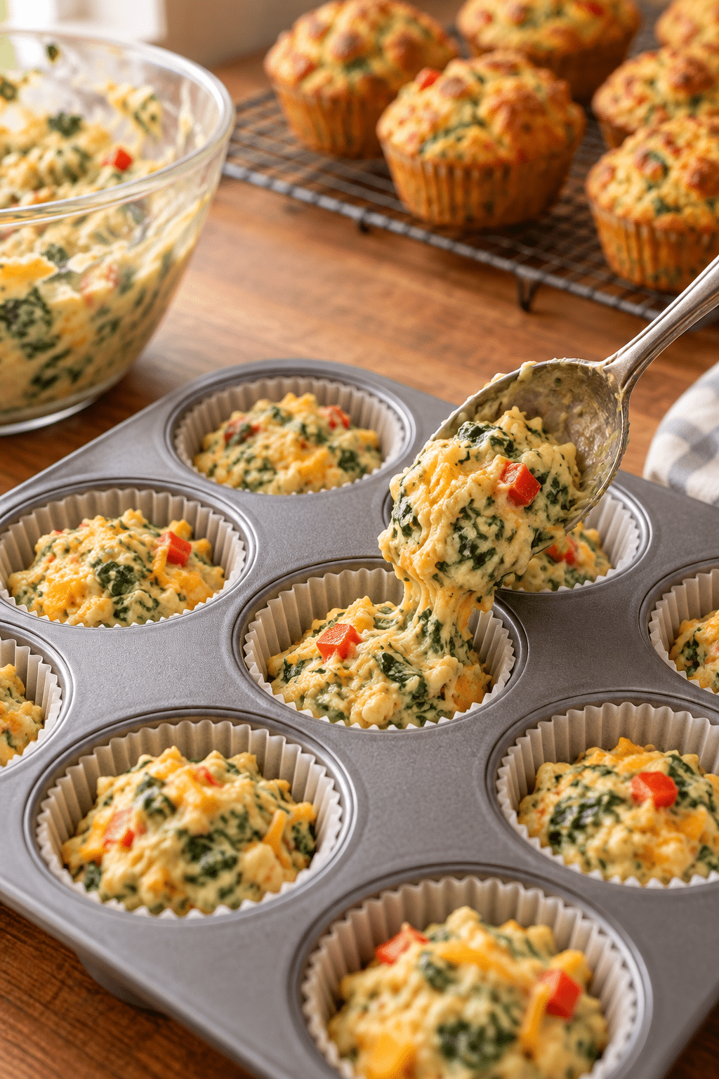 spinach cheese muffin batter preparation