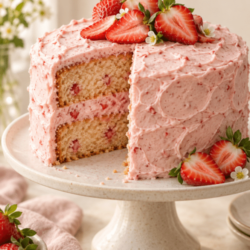strawberry cake with fresh strawberry frosting