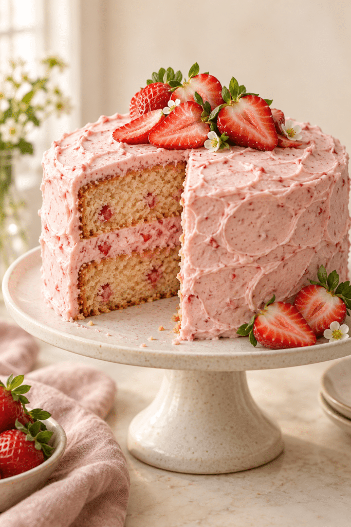strawberry cake with fresh strawberry frosting
