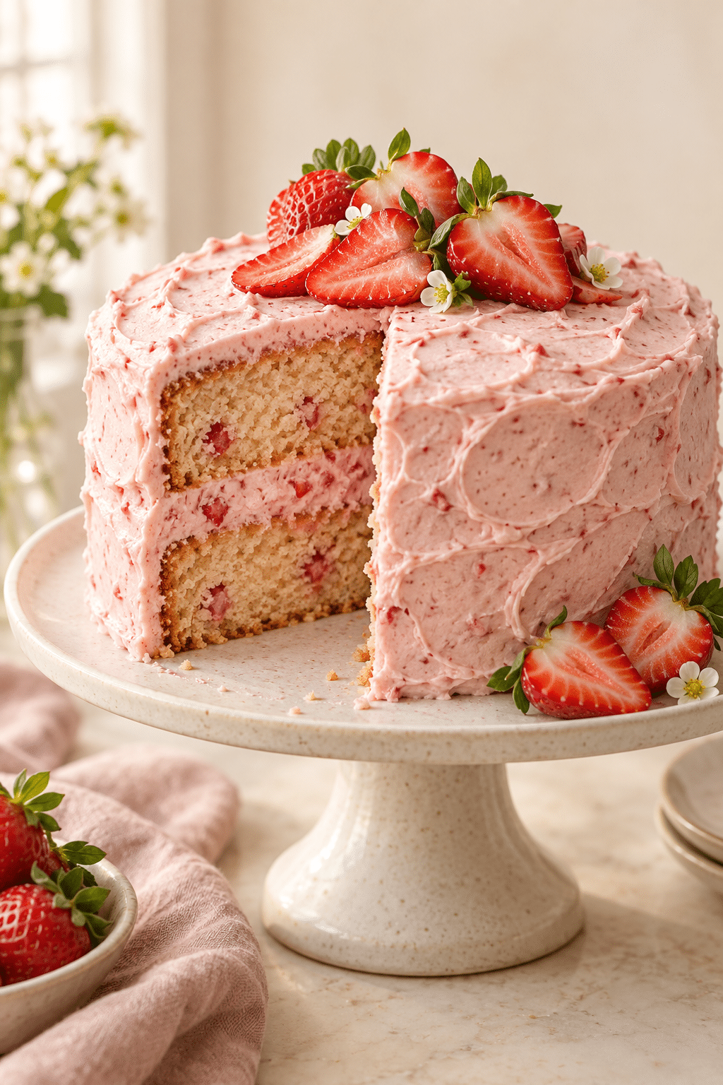 strawberry cake with fresh strawberry frosting
