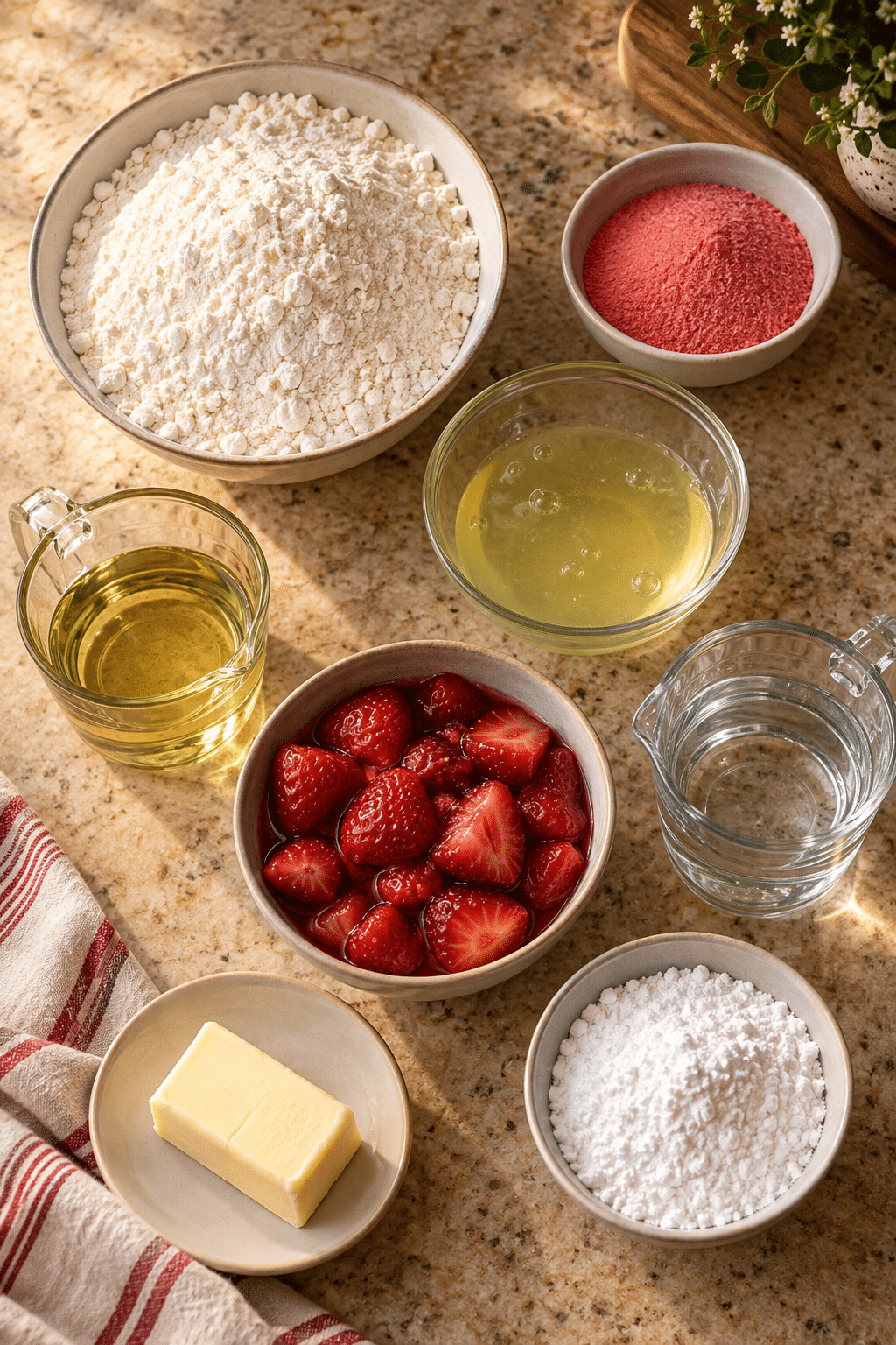 Ingredients for strawberry cake arranged on a counter