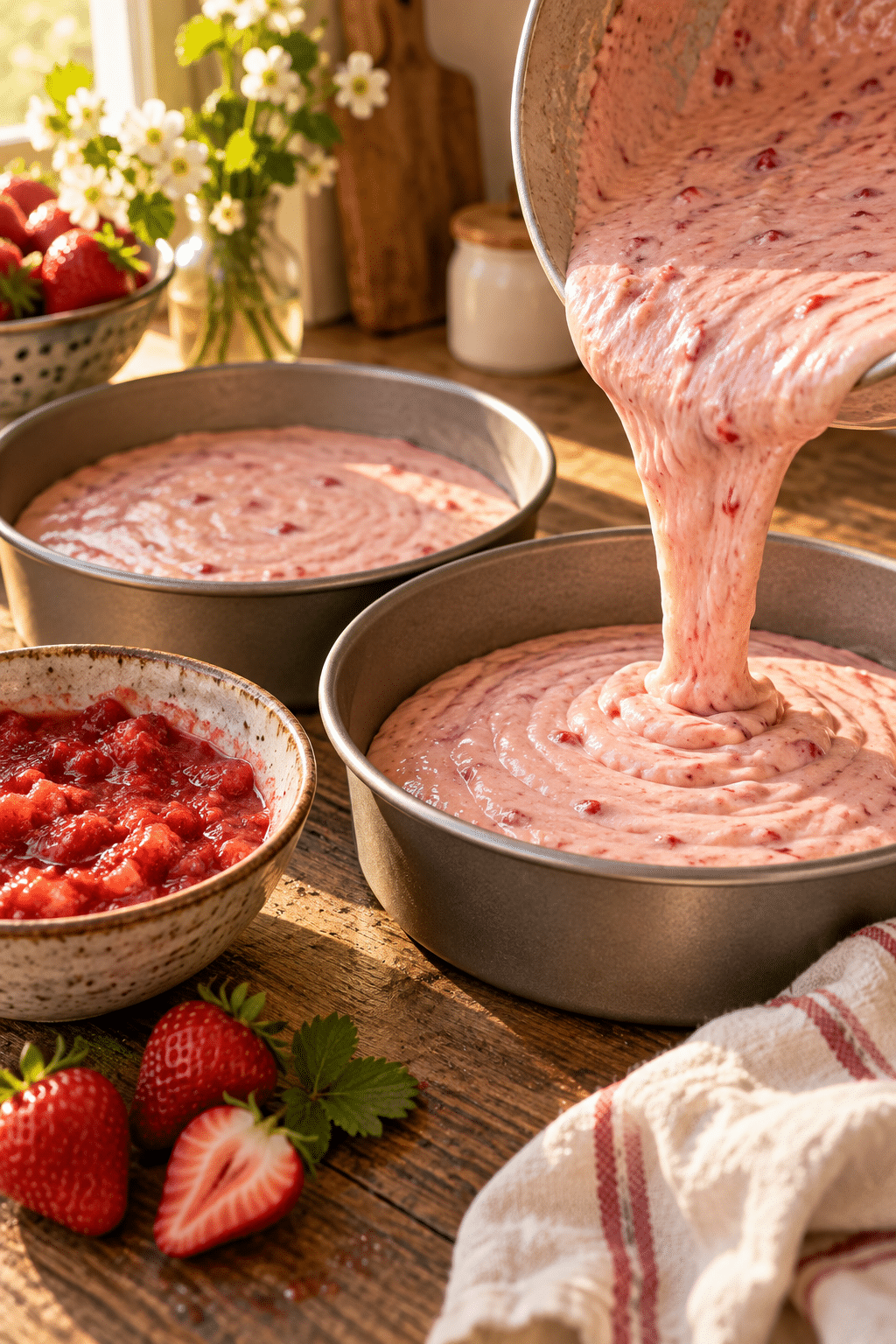 Strawberry cake batter being prepared for two round pans