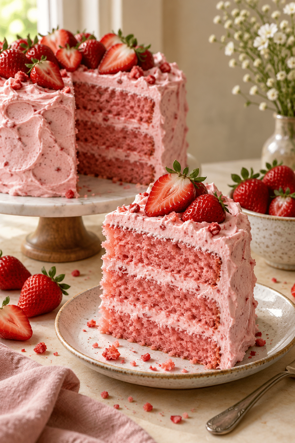 Slice of strawberry cake with fresh strawberry frosting