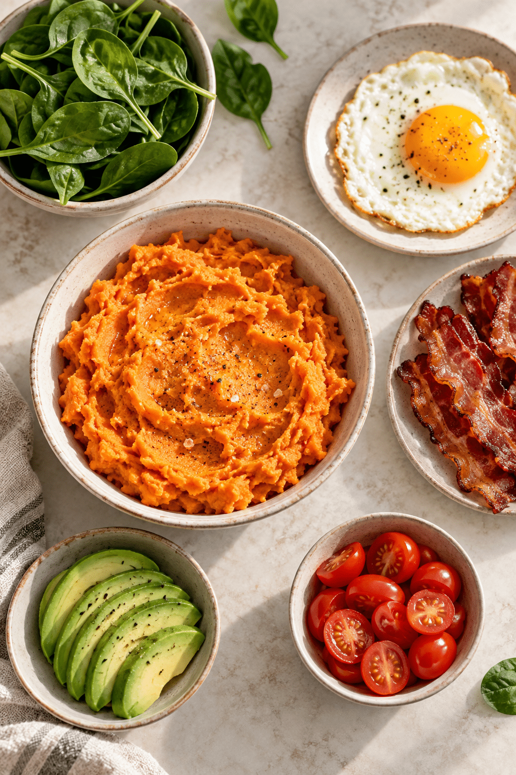 Sweet potato breakfast bowl ingredients measured and ready
