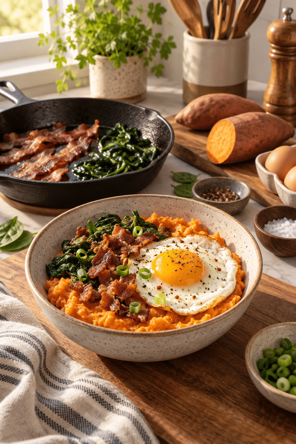 Sweet potato breakfast bowl being assembled