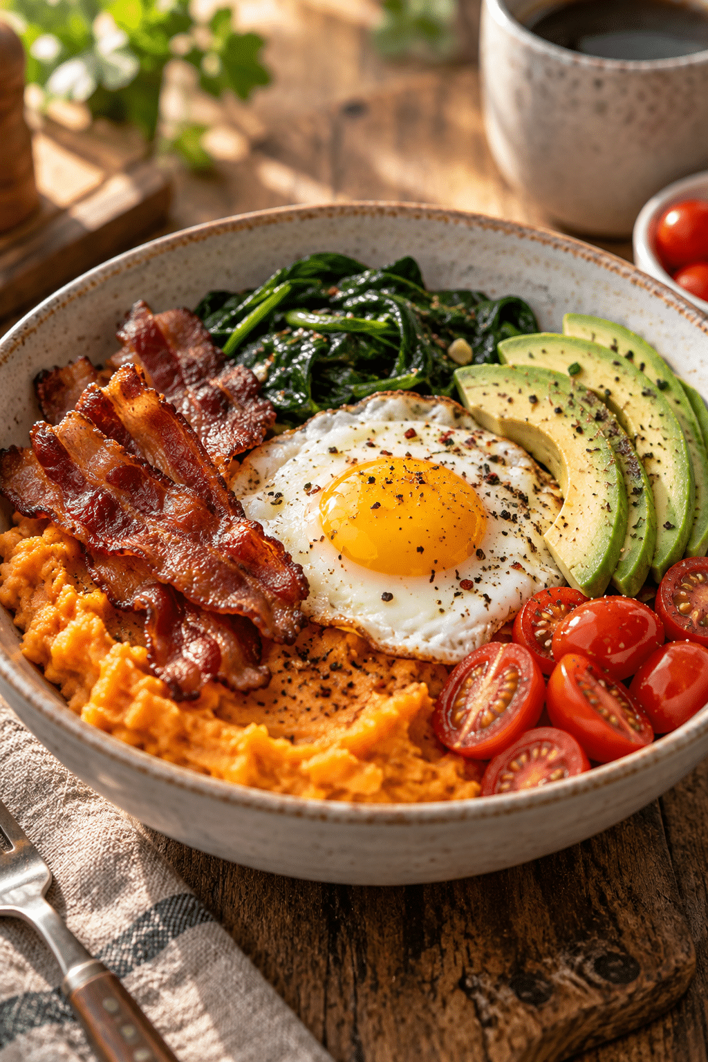 Finished sweet potato breakfast bowl with egg and toppings