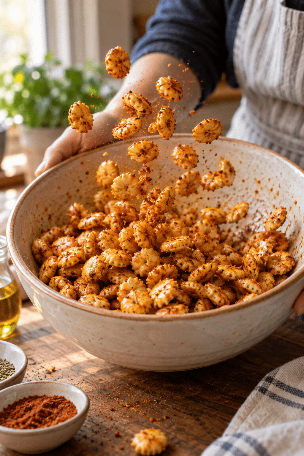 taco oyster crackers being tossed with seasoning