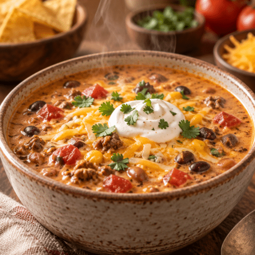 taco soup recipe in a bowl