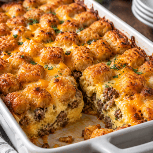 Tater tot sausage breakfast casserole in a baking dish