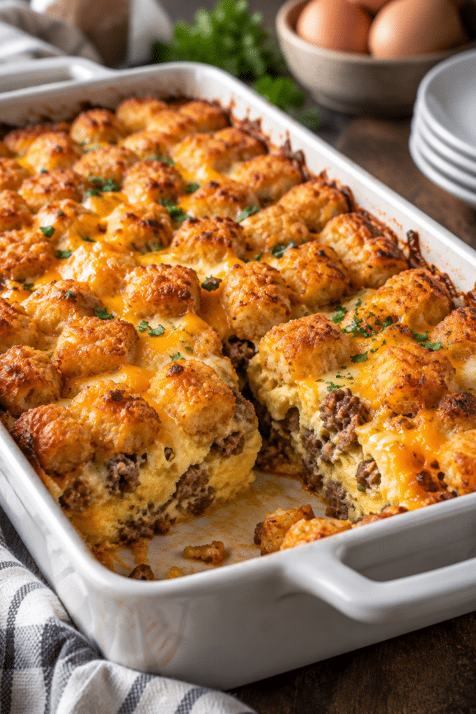 Tater tot sausage breakfast casserole in a baking dish