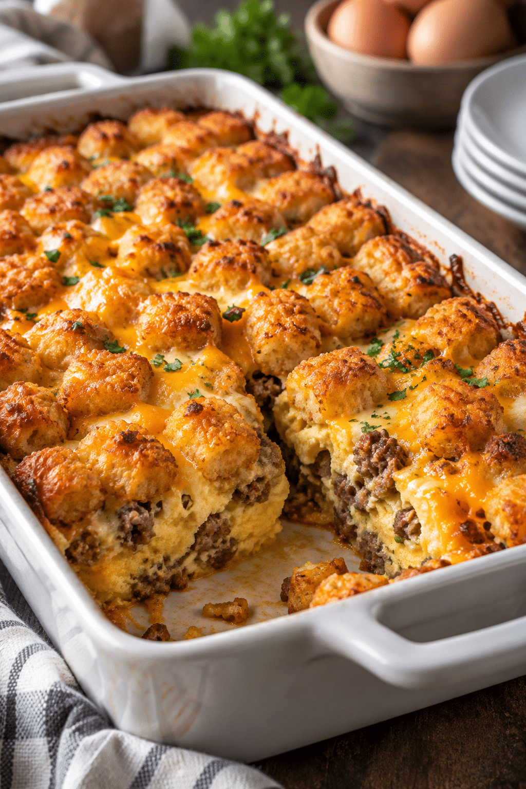 Tater tot sausage breakfast casserole in a baking dish