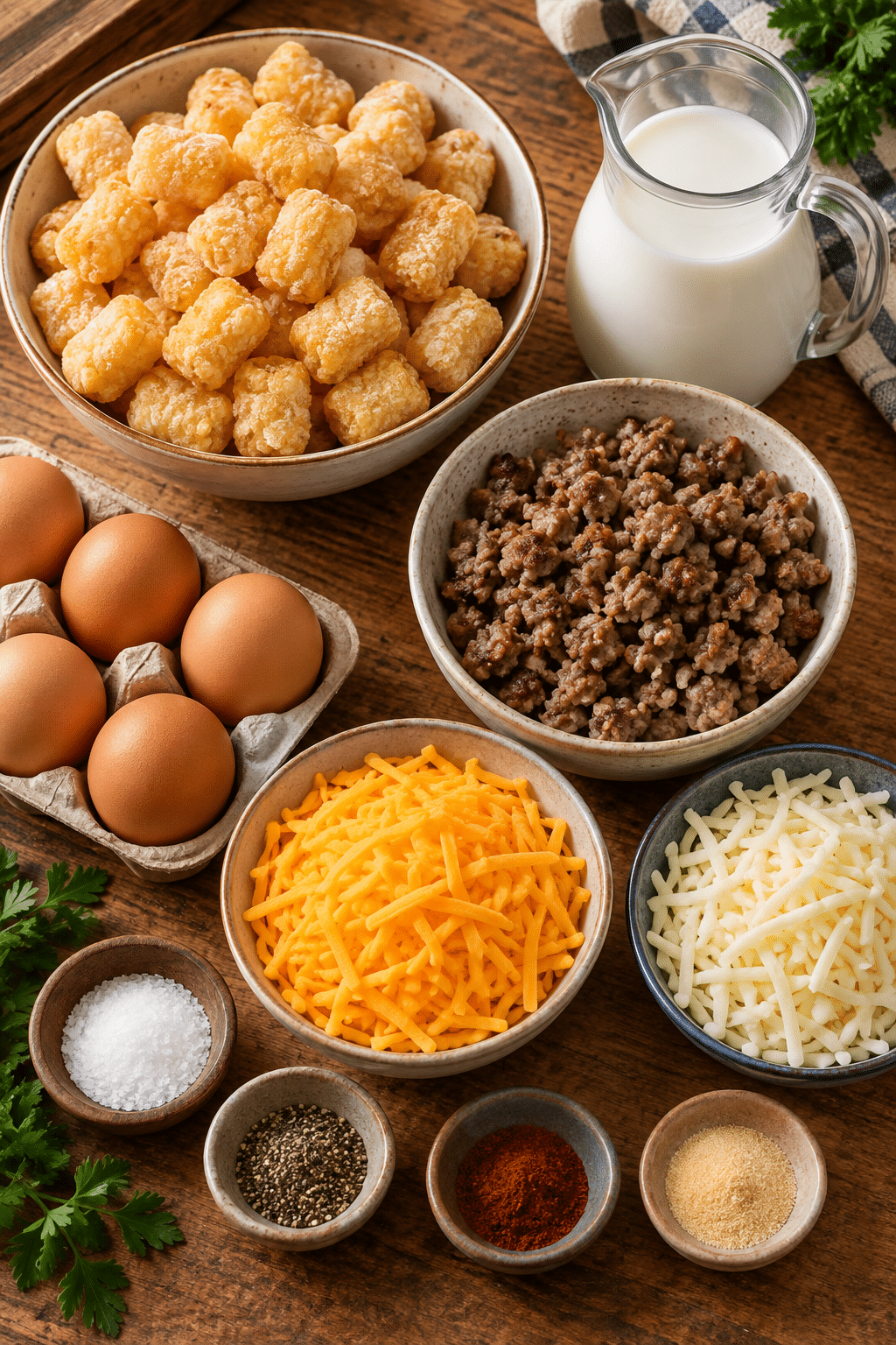 Ingredients for tater tot sausage breakfast casserole