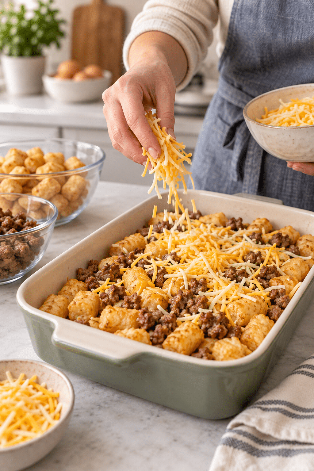 Layering tater tots and sausage for tater tot sausage breakfast casserole