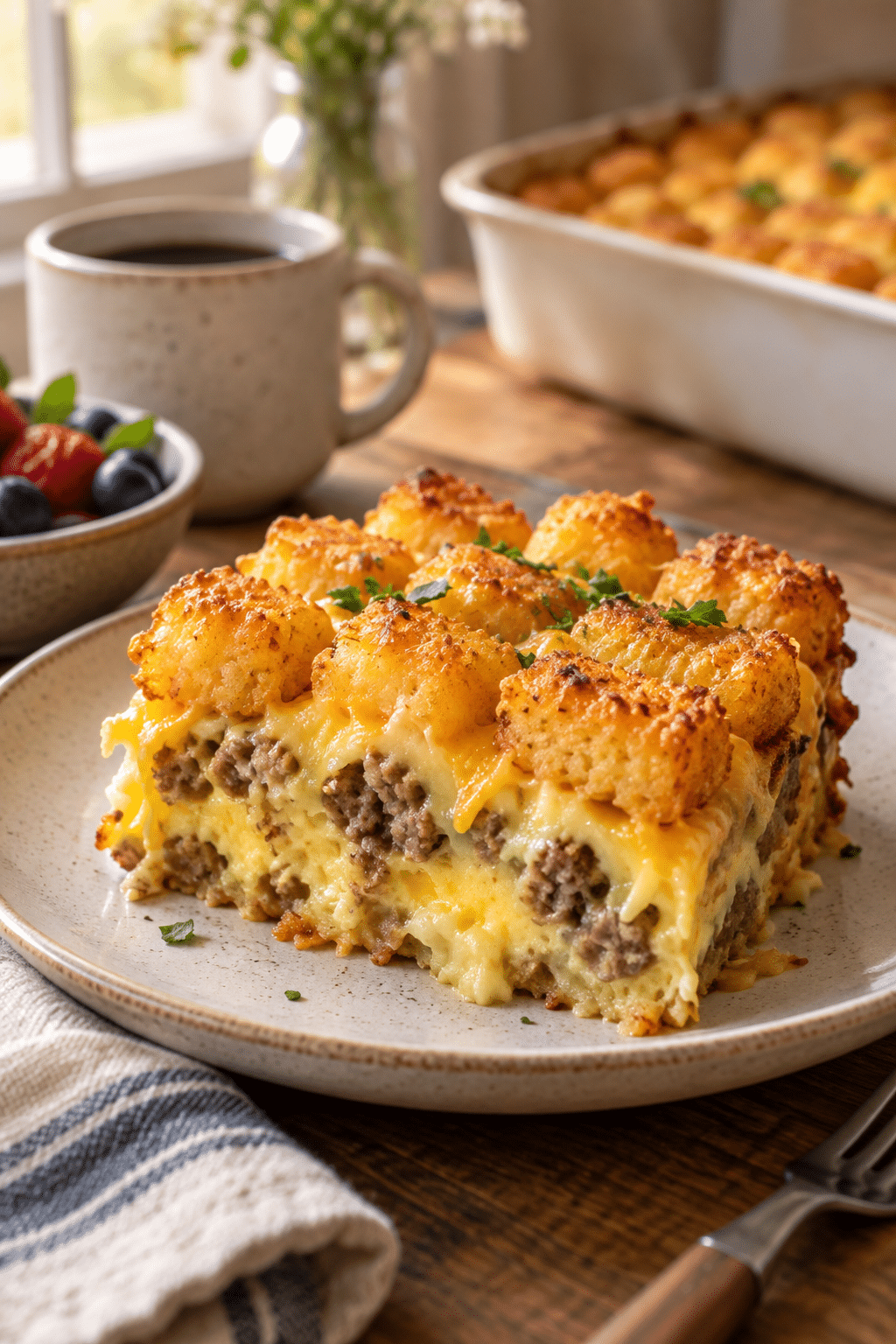 Golden slice of tater tot sausage breakfast casserole