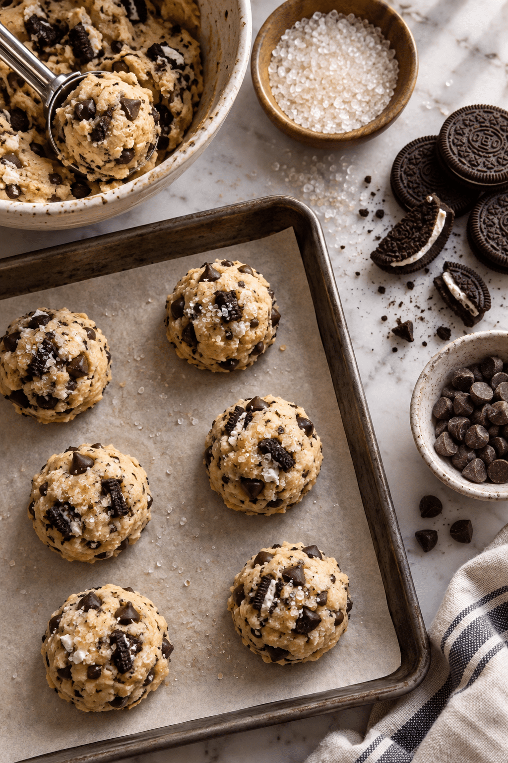 Three ingredient chocolate chip cookies ingredients arranged for baking