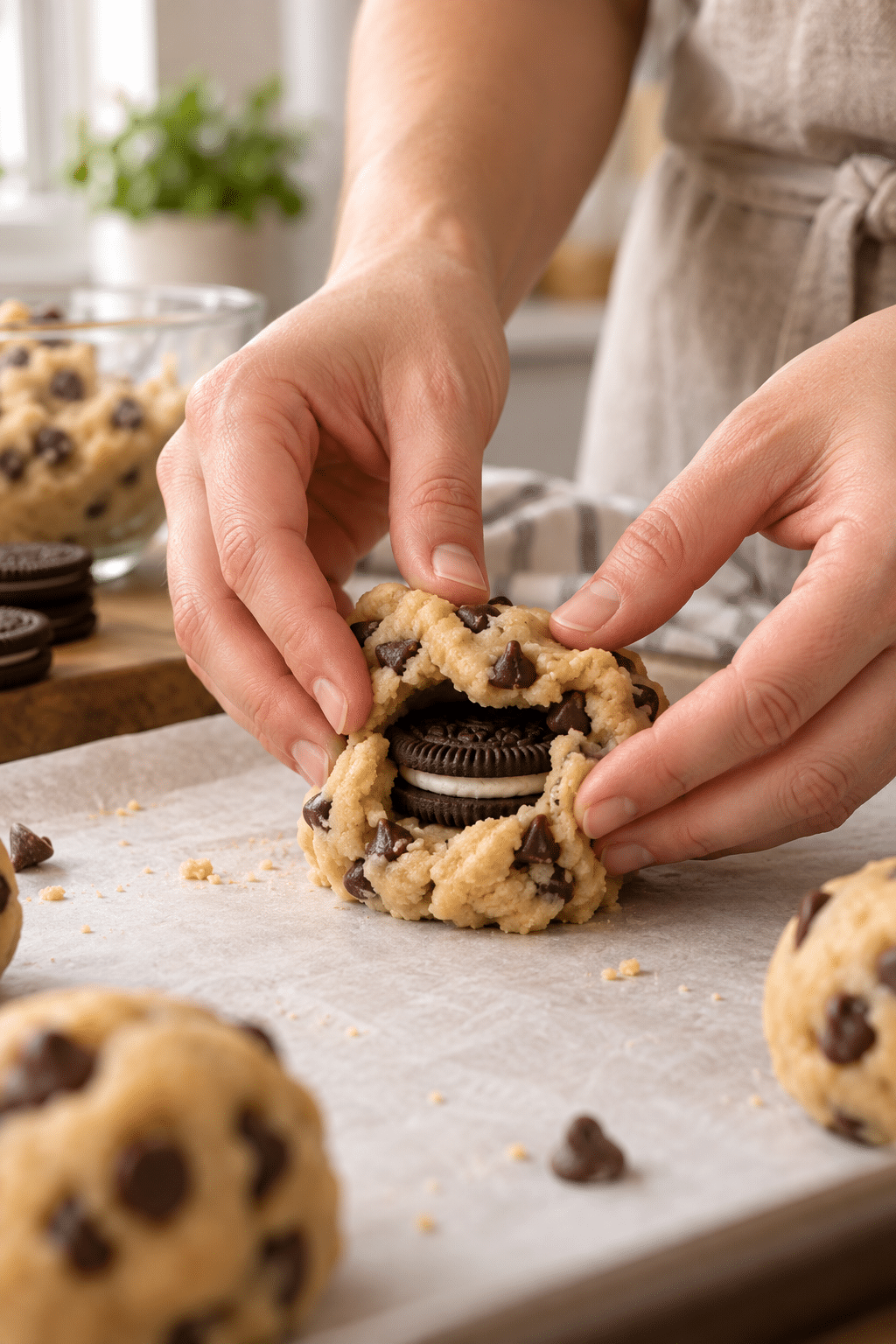 Stuffed chocolate chip cookies being prepared
