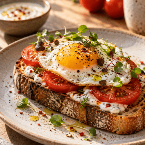 tomato breakfast toast with spicy yogurt sauce