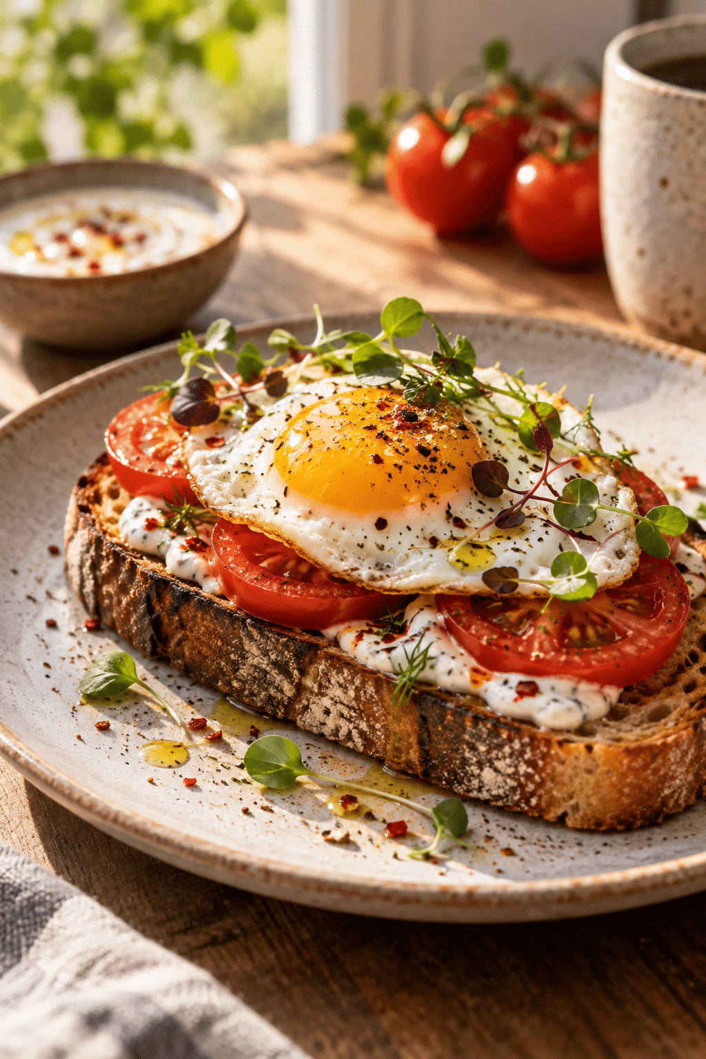 tomato breakfast toast with spicy yogurt sauce