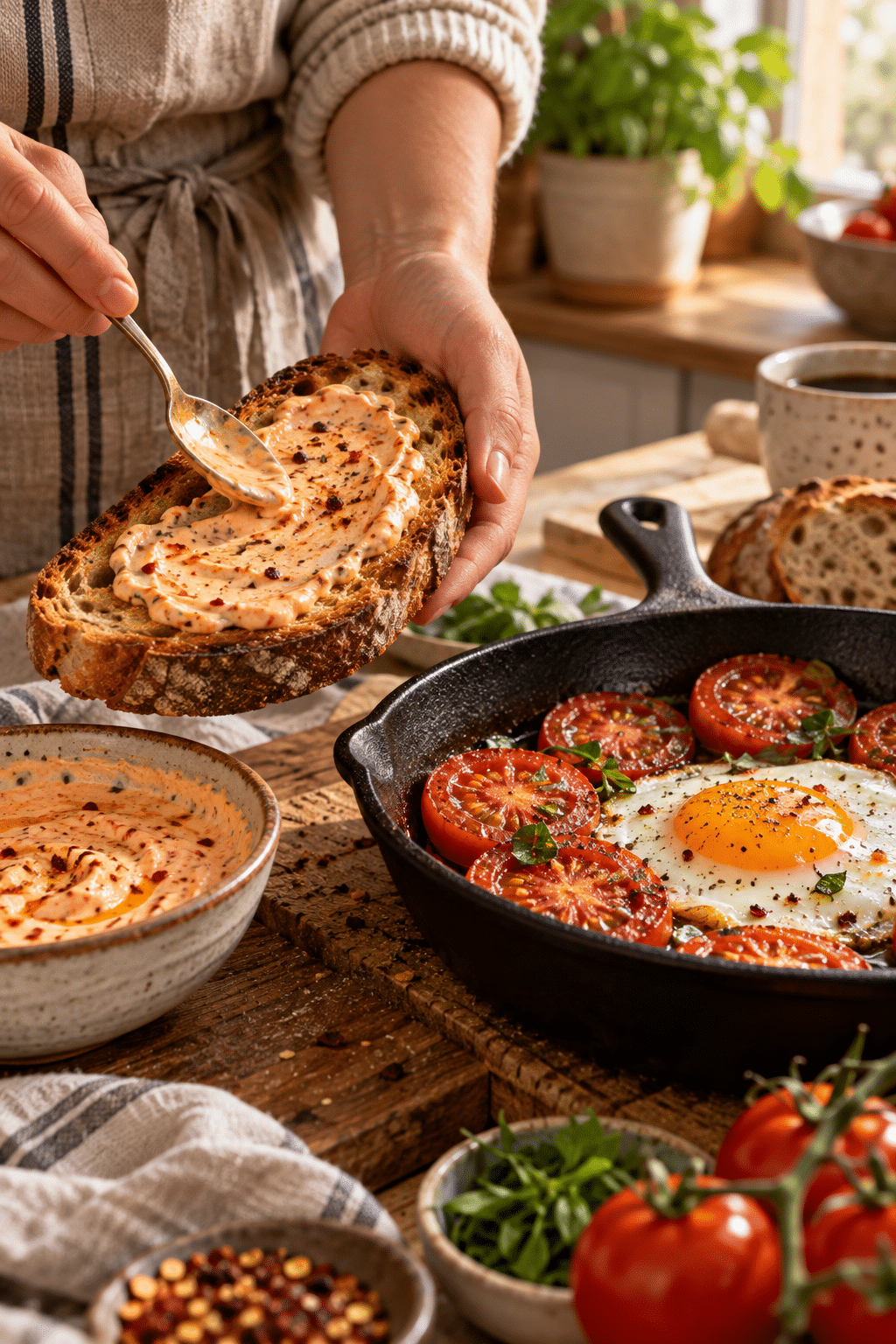 tomato breakfast toast being assembled in the kitchen